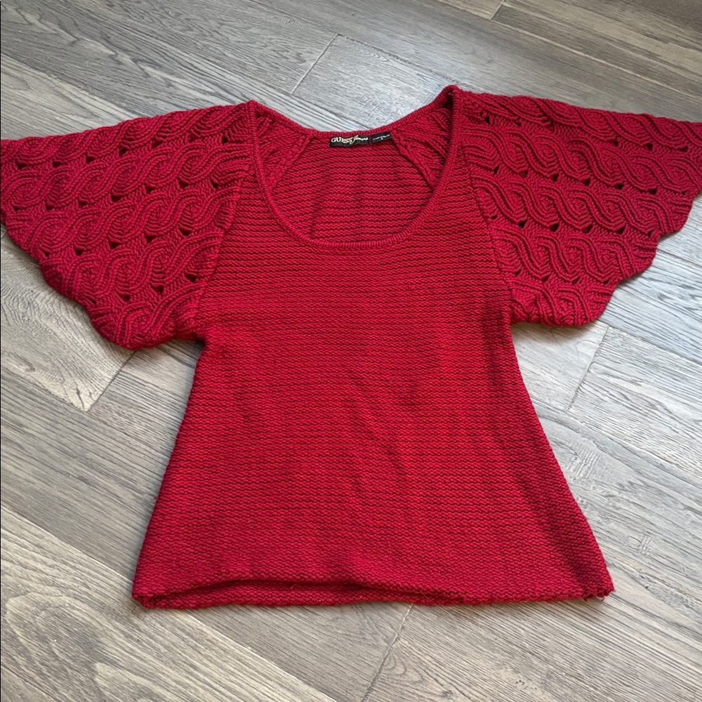 Guess | Red Knit Crochet Scoop Neck Sweater with Flutter Sleeves Y2K Medium - Picture 2 of 10